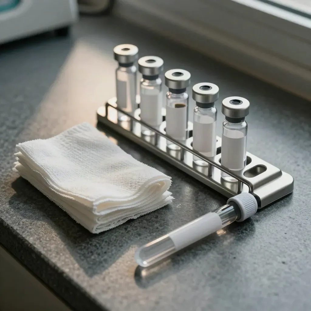 Specimen vials, gauze, and a transport tube arranged on brushed stone in a hospital-ready still life.