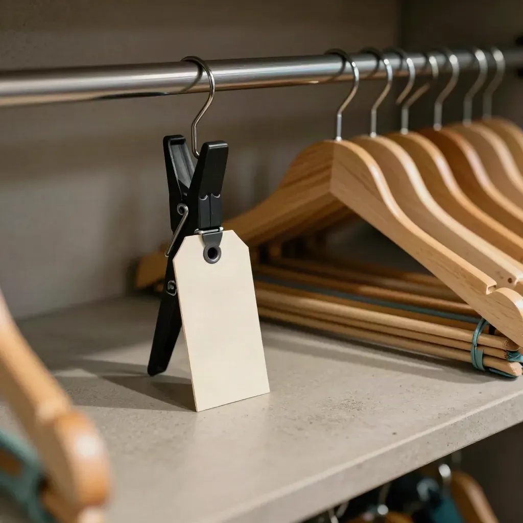Matte garment clips, an inventory tag, and stacked hangers on a brushed rail in a retail stockroom.