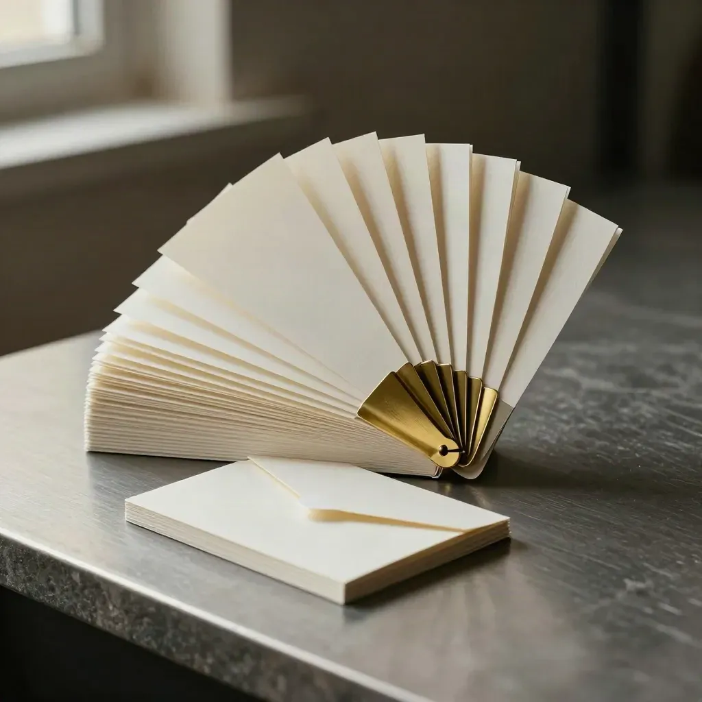 Blank index cards, brass tabs, and an archive clip on brushed pewter in soft window light.