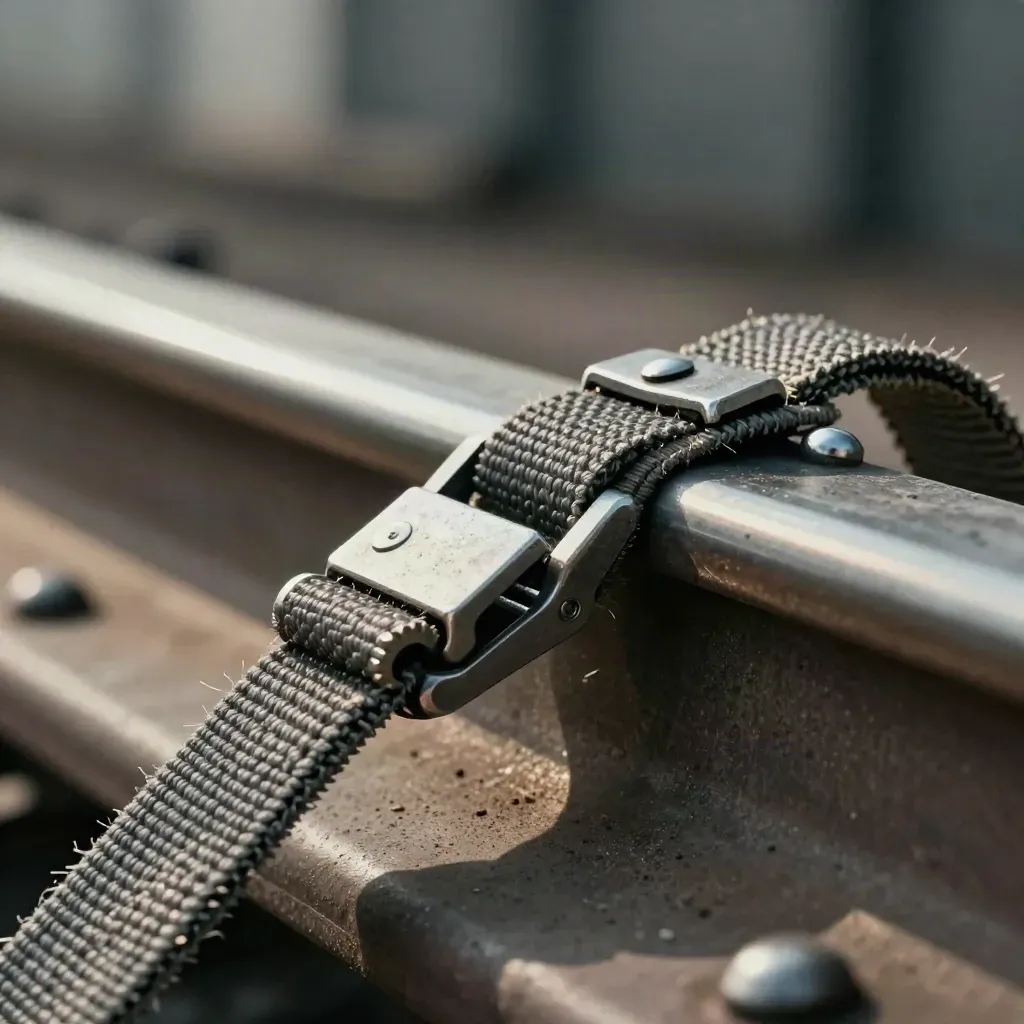 Macro of a cargo tie-down buckle locking a braided strap and steel seal tabs on brushed metal.