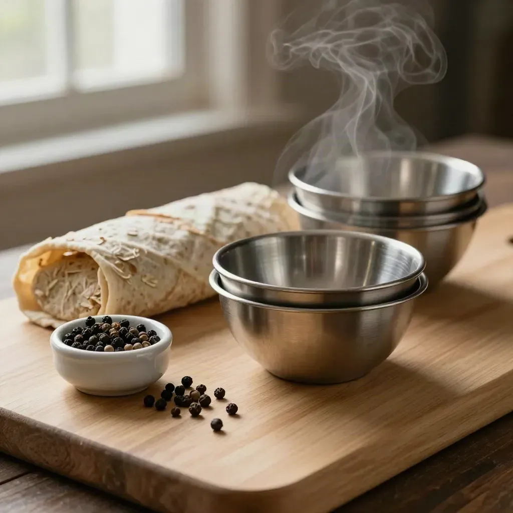 Stainless prep bowls, linen wrap, and peppercorn crock on pale wood in warm dramatic light.