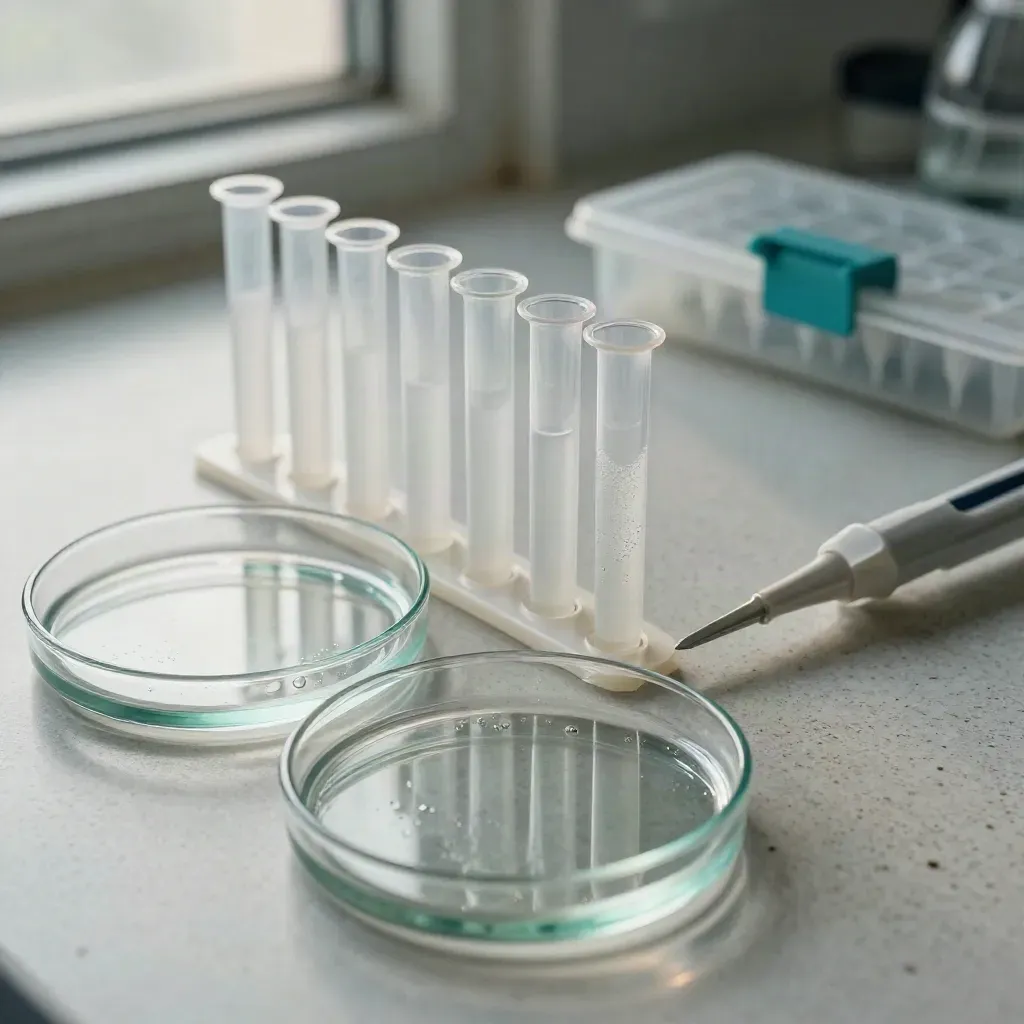 Top-down macro of petri dishes, microcentrifuge tubes, and a pipette-tip case on pale stone.