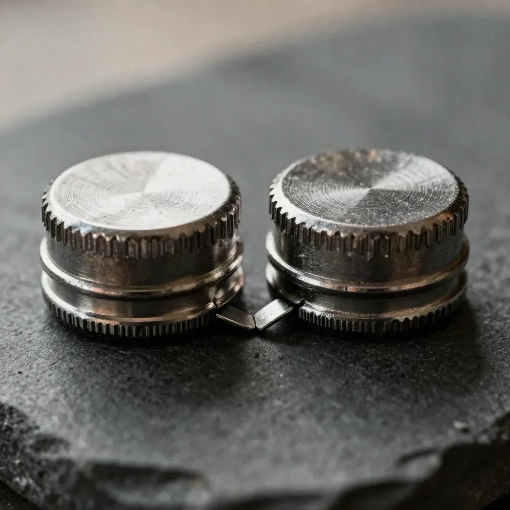 Two brushed-metal specimen caps and alignment shims meet edge to edge on dark stone.