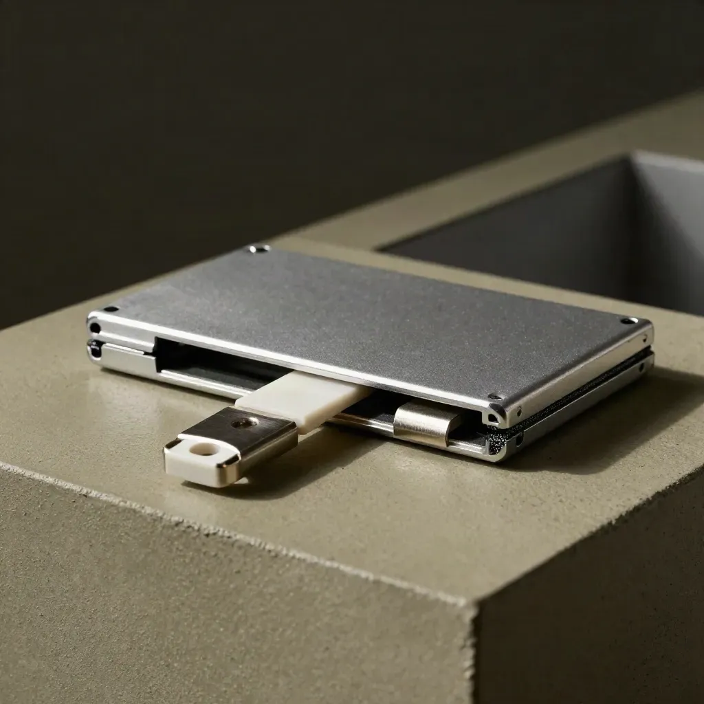 Two aluminum data cartridges slide into a shared dock under dramatic studio light.