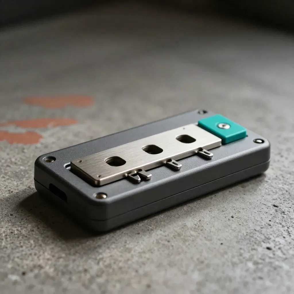 Macro of a modular card-reader shell, calibration block, and three adapter keys on concrete.