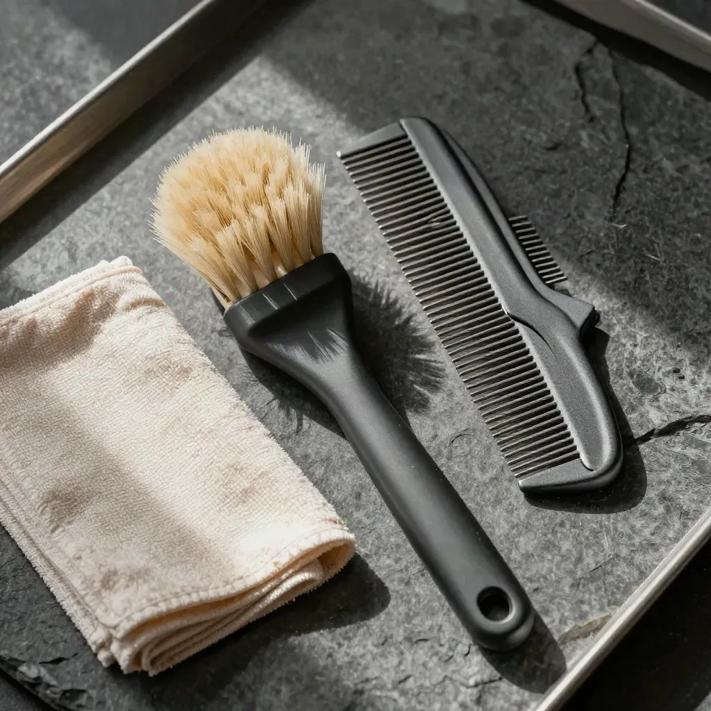 Brush, microfiber cloth, and cable comb sweeping dust from a graphite surface.