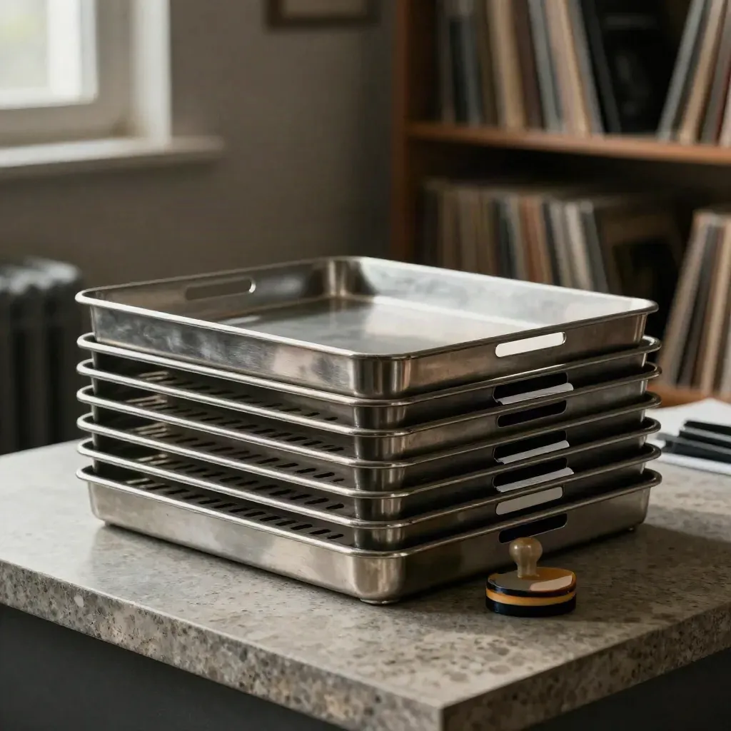Brushed steel inbox trays, separator slats and a blank rubber stamp in a dim records room.