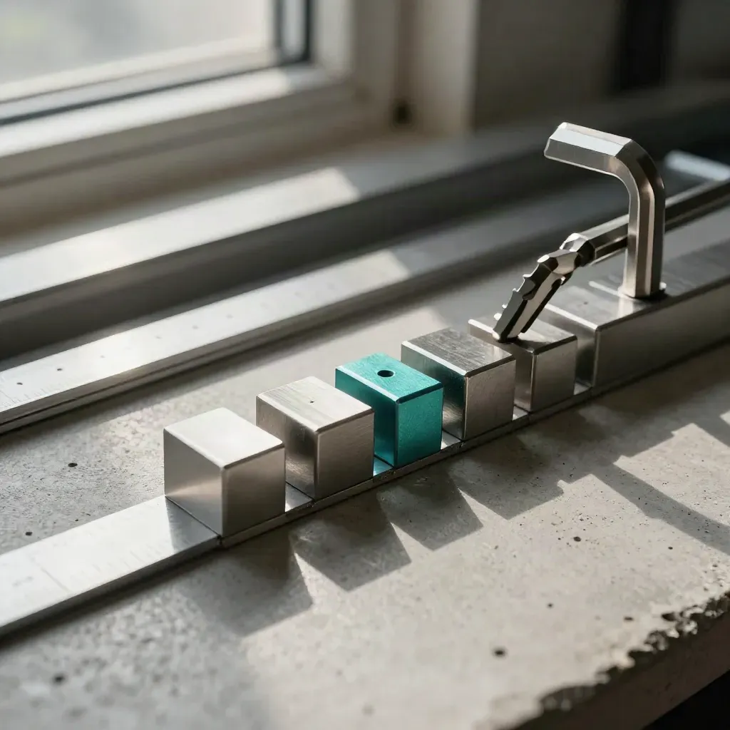 Gauge blocks, shims, and hex keys aligned on concrete under dramatic side light.