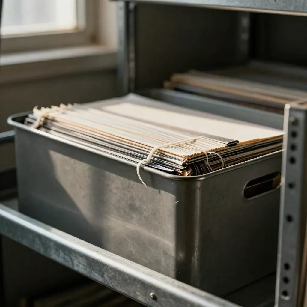 Labelless archive bin, cable ties, and metal tray edge in dramatic macro light