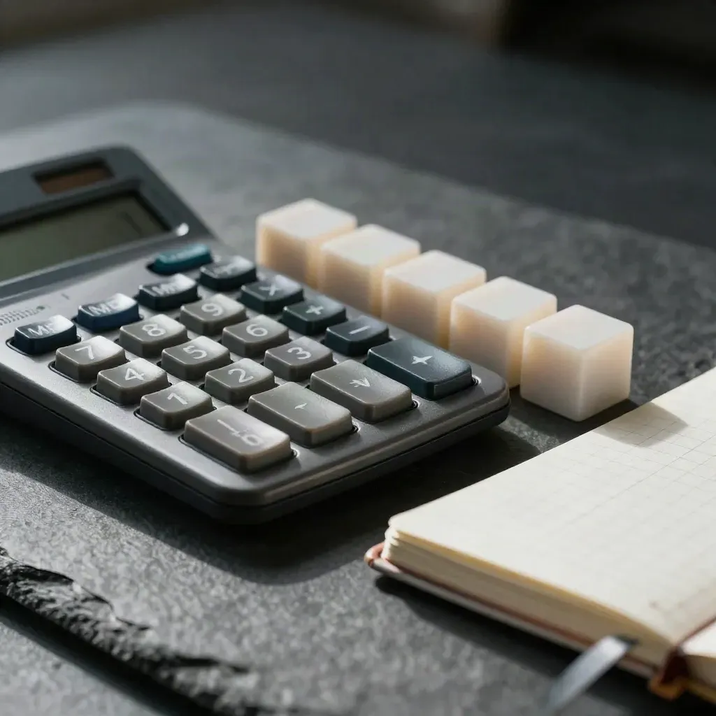 Matte calculator, closed graph-paper notebook, and sample index cubes on slate with dramatic side light.