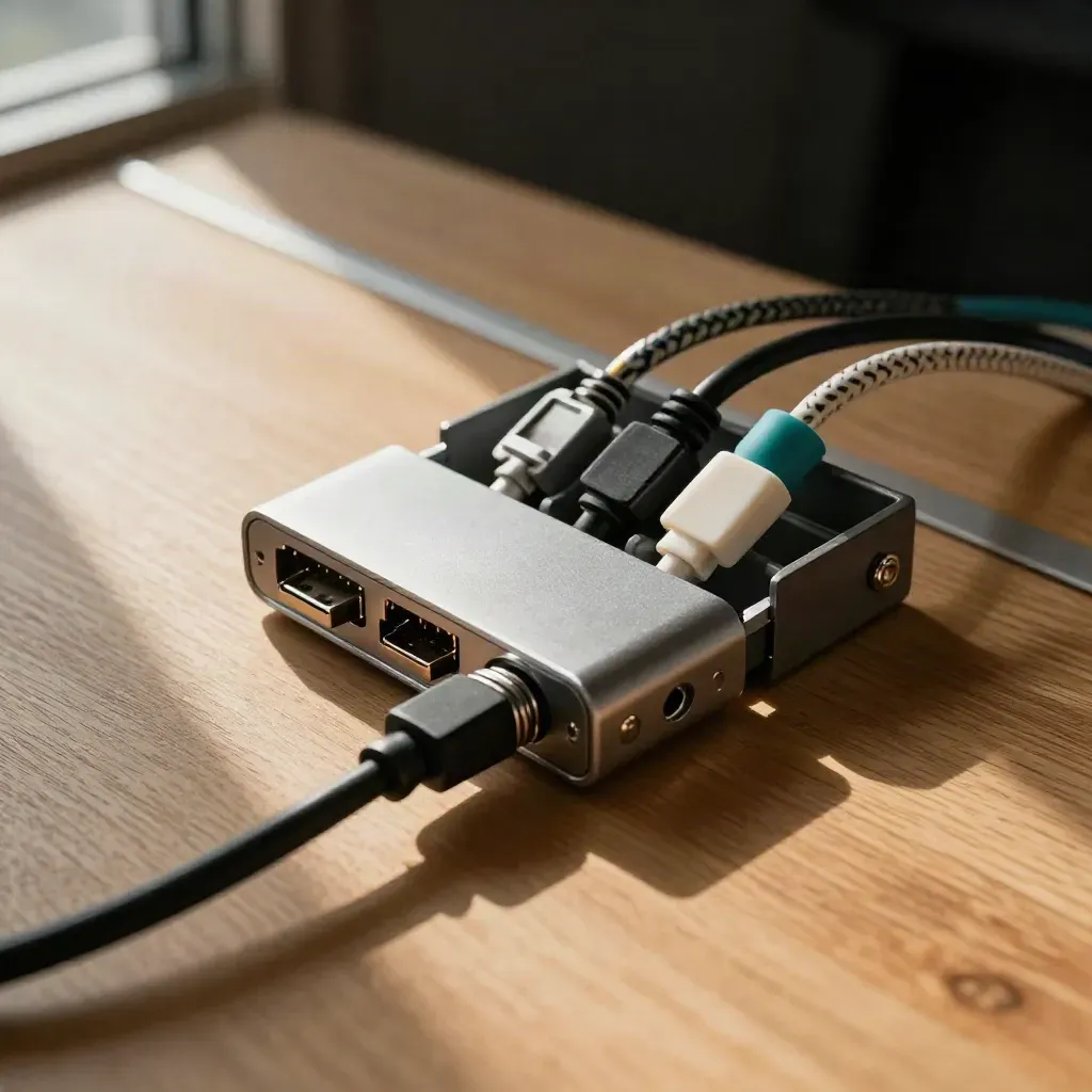 USB hub, adapter rings, and cable organizer on a honey-oak bench with a teal accent.
