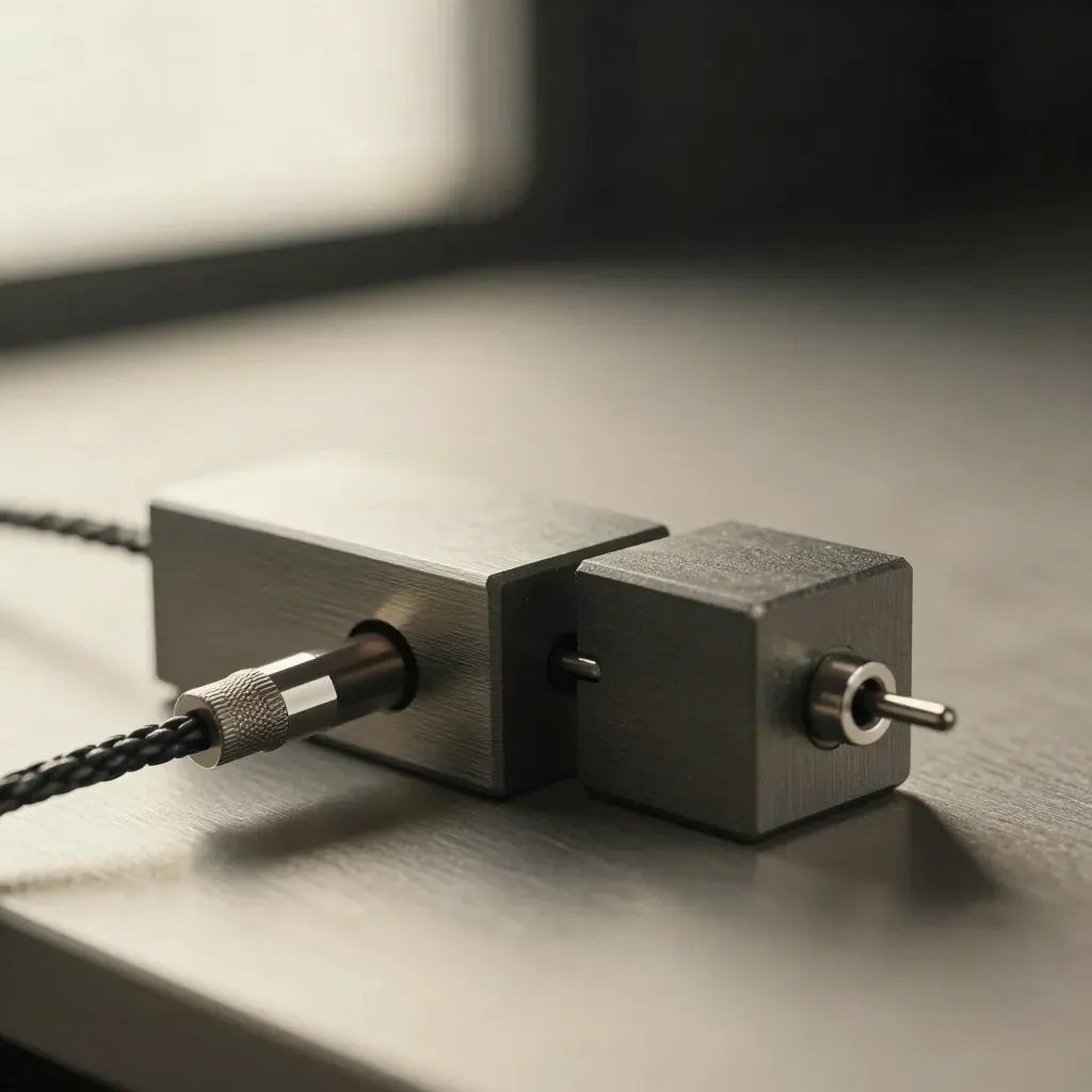 Interlocking graphite blocks linked by a braided cable on a brushed metal surface