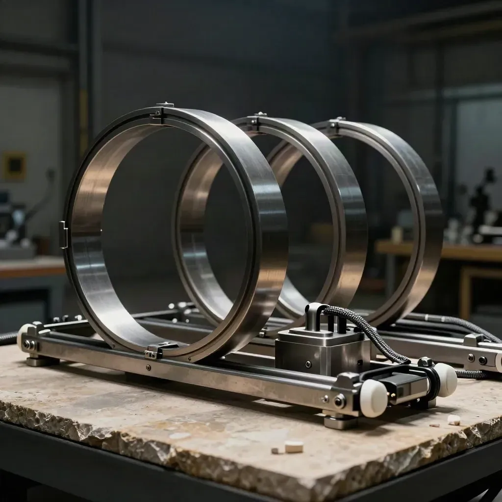 Linked steel rings, hinge pin, and modular coupler on a dramatic metal plinth