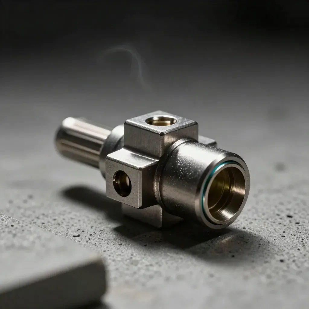 Macro still life of a modular connector hub with pegs and spacer blocks on dark concrete.