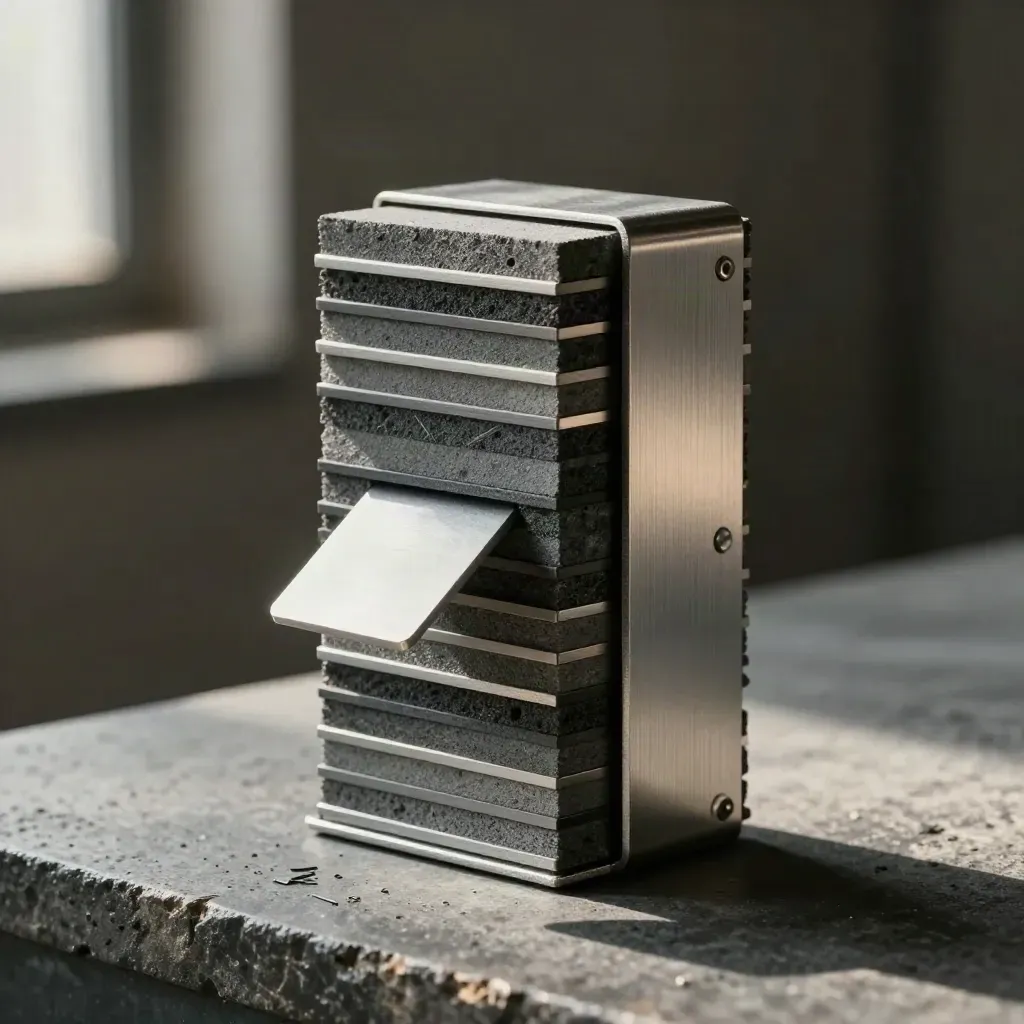 Graphite modular blocks and a metal brace stacked on a dark stone surface in soft window light.
